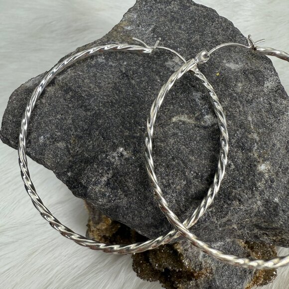 Silver Tone Twisted Hoop Pierced Earrings 2" Drop - Picture 3 of 5